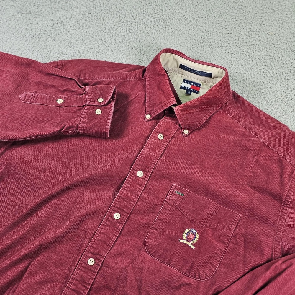 Tommy Hilfiger Shirt Mens Large Red Corduroy Crest Logo Button Up Long Sleeve